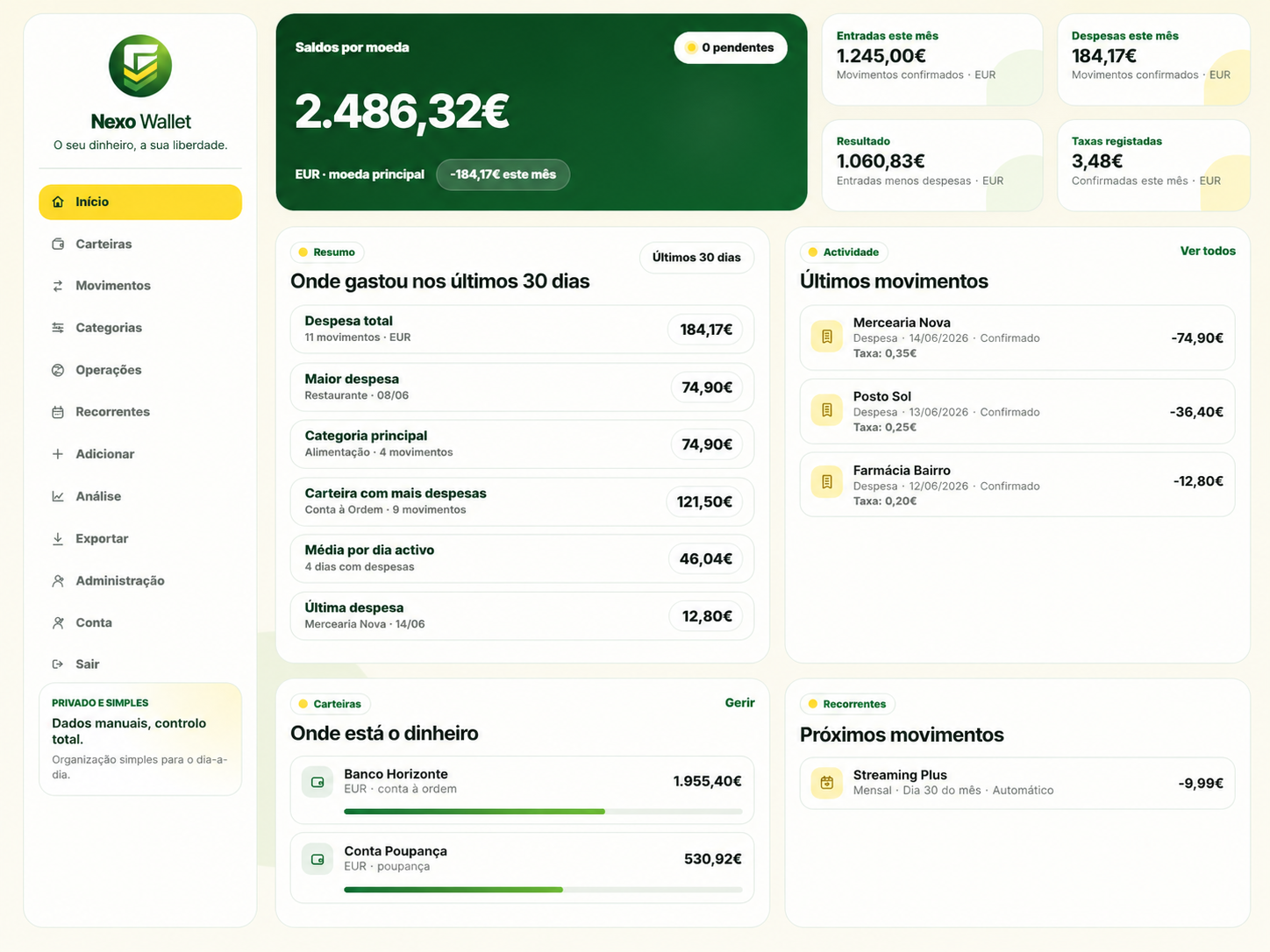 Pré-visualização demonstrativa do Nexo Wallet