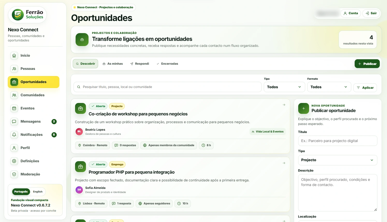 Área de oportunidades do Nexo Connect, com projectos e propostas de colaboração